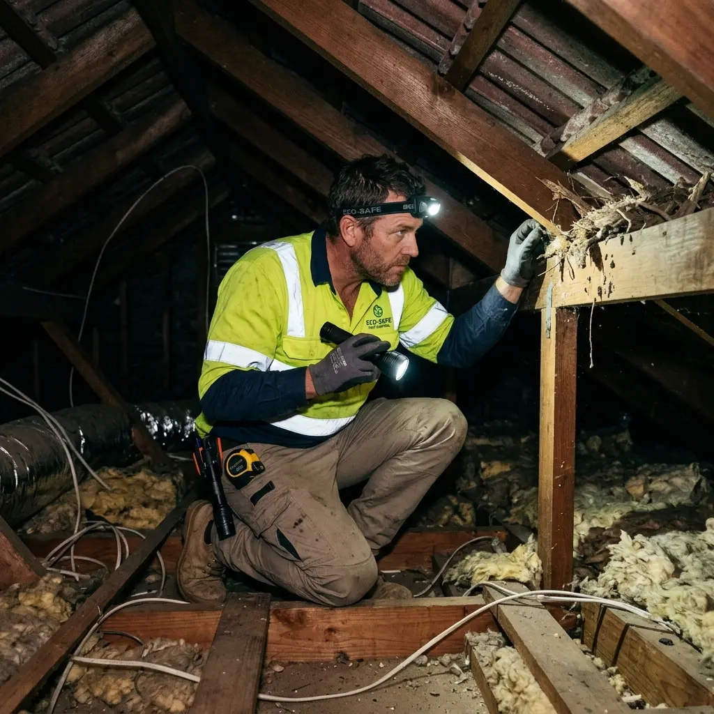 Technician inspecting a roof cavity for a dead animal in Ocean Grove