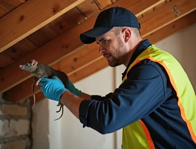 Technician inspecting a roof cavity for a dead rat in Ocean Grove